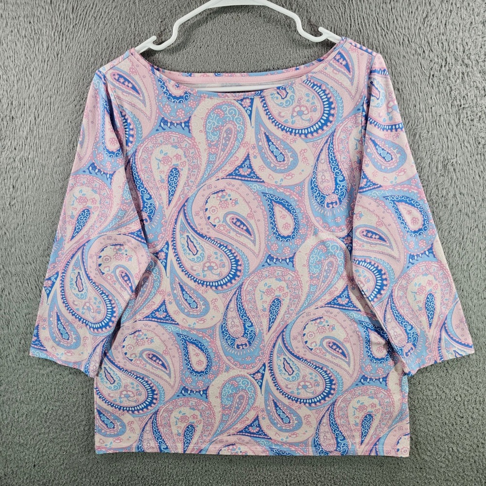 Talbots Plus Pink Blue Paisley Print 3/4 Sleeve Boat Neck Tee Shirt Size‎ X